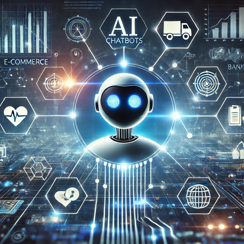 Illustration of an AI chatbot as an essential business tool in 2025, connected to industries like e-commerce, healthcare, and banking with a futuristic digital background.