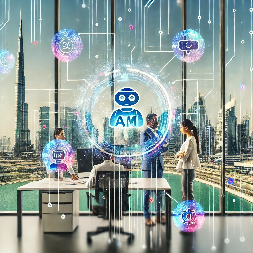 Modern office setting showcasing business owners collaborating with futuristic holographic AI elements, including data graphs, chatbots, and automation workflows, with Dubai’s skyline visible through the window.