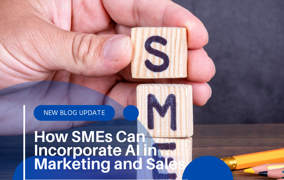 Illustration of AI technology in marketing and sales for SMEs, featuring a business owner using AI chatbots and analytics tools in a futuristic office.