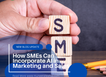 Illustration of AI technology in marketing and sales for SMEs, featuring a business owner using AI chatbots and analytics tools in a futuristic office.