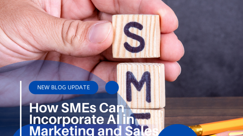 Illustration of AI technology in marketing and sales for SMEs, featuring a business owner using AI chatbots and analytics tools in a futuristic office.